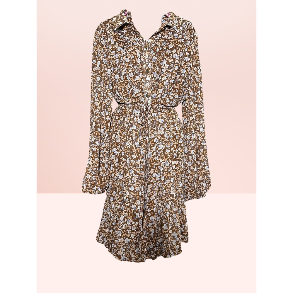 MSK Floral Shirt Dress Boho Brown Blue Ruffle Hem Tie Waist XL Cottagecore Midi